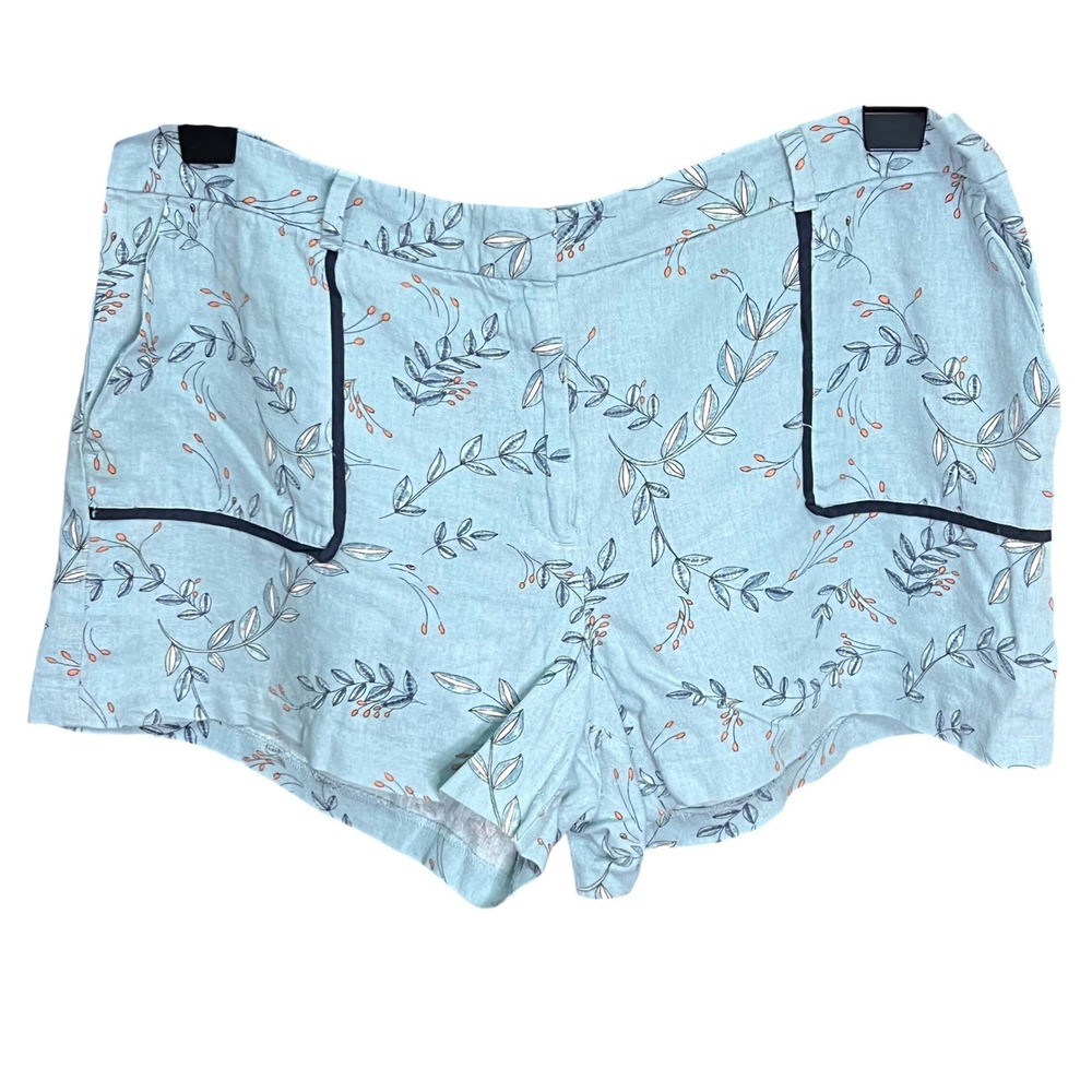 LOFT Linen Blend Botanical Print Shorts Blue Floral Tie Belt Womens Size 14